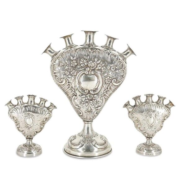 Rare Antique Set of 3 Ornate Rose Vases - Hanau Silver German Rococo 1800s - Picture 2 of 12